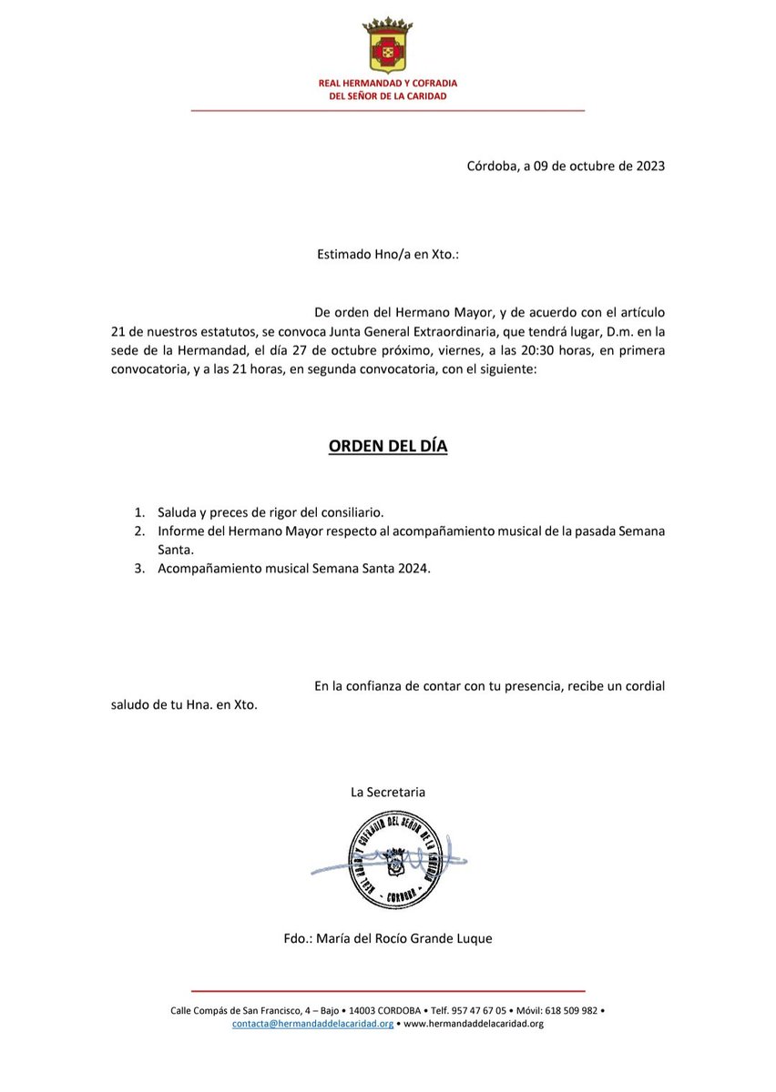 RECORDATORIO: Según lo acordado en la asamblea ordinaria celebrada el pasado mes de febrero, se convoca a todos los hermanos a una asamblea extraordinaria para tratar los puntos que aparecen en el orden del día.