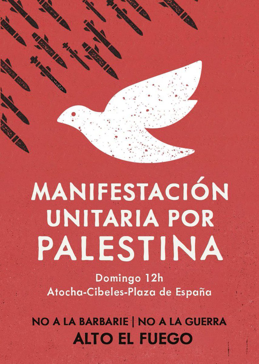 Por un alto el fuego inmediato. Por el respeto al derecho internacional y los derechos humanos. Por una Palestina libre. Por la paz.

Nos vemos este domingo en las calles de Madrid.