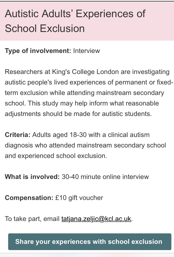 If you are an #autistic adult who experienced school exclusion please help with our research (contact tatjana.zeljic@kcl.ac.uk). RTs appreciated, thanks!