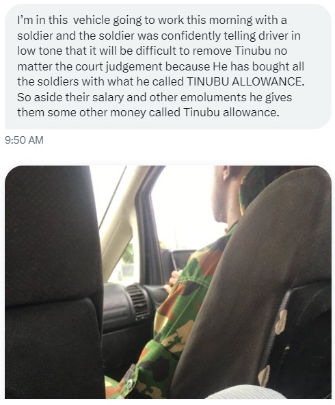 DavidHundeyin's tweet photo. For those celebrating what was apparently their "victory" yesterday, I have very little to say.

Apparently your "Asiwaju" is paying the military rank-and-file a special extra-budgetary allowance so that they don't carry out a coup - such is his level of confidence in his own "mandate."

However long this marriage of strange bedfellows lasts, it will inevitably come to and end. When it does, I will be here to tweet "I told you so" as I always do.

Tomorrow's Max Siollun history books are being written in real time today. Good luck to all of us.