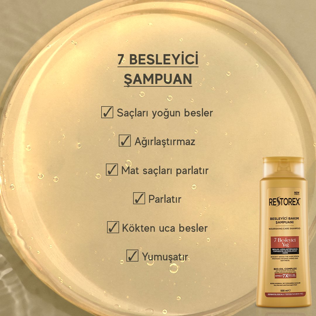 RestorexTr's tweet photo. Restorex 7 Besleyici Bakım Şampuanı, içeriğindeki 7 yağ ile saçları ağırlaştırmadan kökten uca besler ve güçlendirir. İpeksi bir yumuşaklık ve parlaklık verir. 

Farkında Mısın? Sen farklısın! ⭐

Sana en yakın market ve parfümerilerde🏃🏻‍♀️! https://t.co/uOJVBF417l