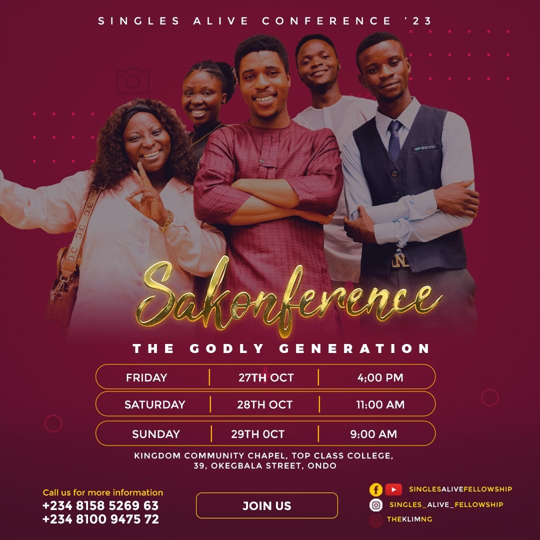 Singles_Alive's tweet photo. Beloved, we beseech you to be expectant and be ready spirit, soul and body to receive from the Lord. We are very certain that you'll never remain the same.
The main event starts by 4pm prompt at Topclass College, Oke Igbala along Unimed road, Ondo.
#SAConference
#TGG https://t.co/3RAnEHpbpz