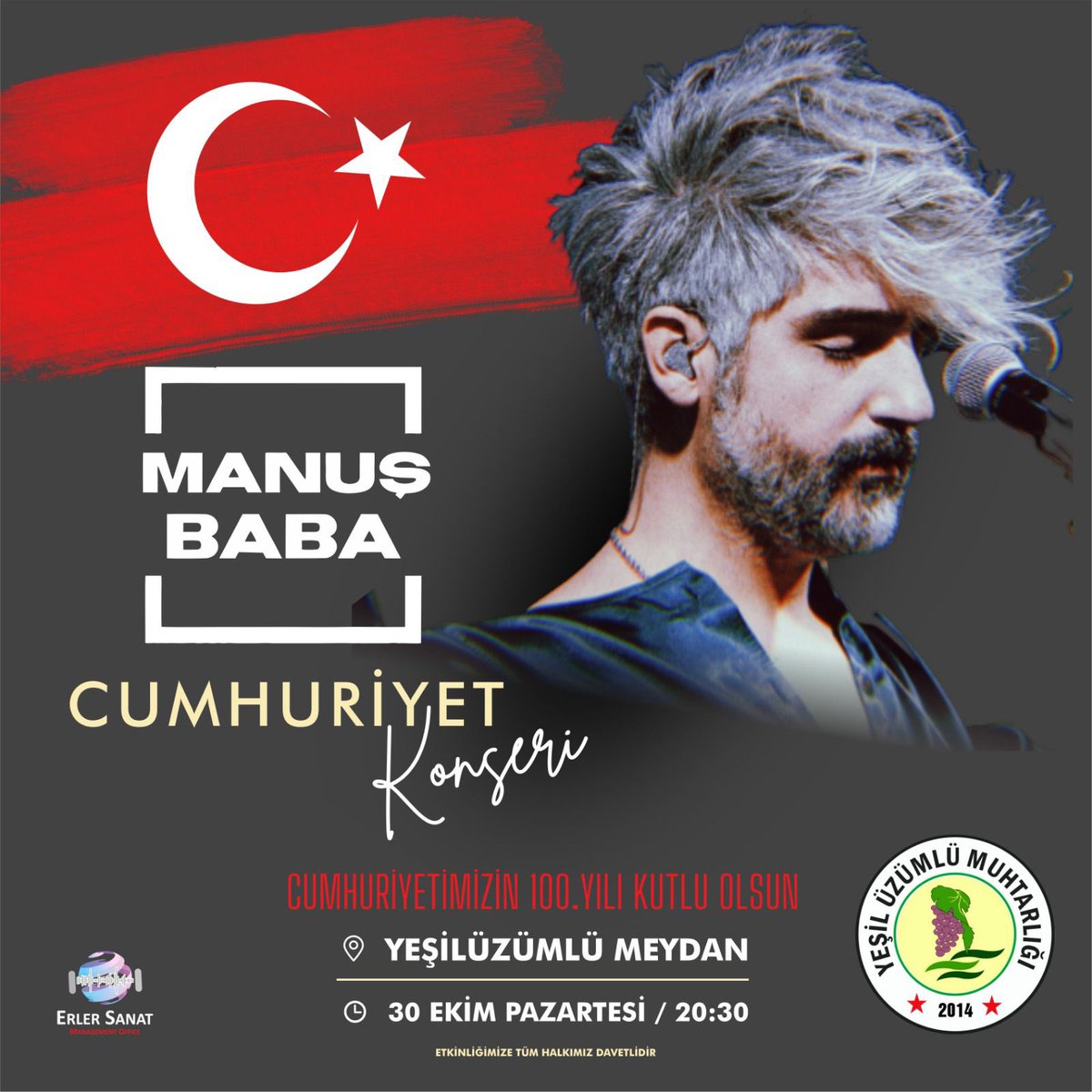 Manuş Baba 30 Ekim Pazartesi
Fethiye Yeşilüzümlü’de.
#manuşbaba #konser #muğla #fethiye #yeşilüzümlü #cumhuriyet100yaşında #cumhuriyetkonseri #erlersanat 
<a href="/manusbaba/">manuş baba</a>