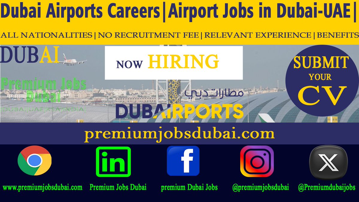 Opportunities At Dubai Airports 2023 Careers #Hiring In Dubai 
Click Link To Apply 👉 premiumjobsdubai.com/2023/09/dubai-…

#dubaiairport #dubaiairportcareers #portjobs #specialists #fireserviceprogram #dubaiportjobs #dubaijobs #jobsindubai #careers #jobsinuae #uaejobseekers #uaejobs