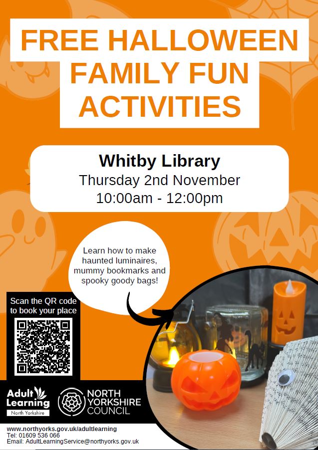 More Halloween events at Whitby Library! All treats, no tricks! We are really spoiling you this half term! Our colleagues from the @AdultNorth Learning team are running a family Halloween activity on Thurs 2nd Nov 10am-12noon. Please book with them direct using contacts on poster