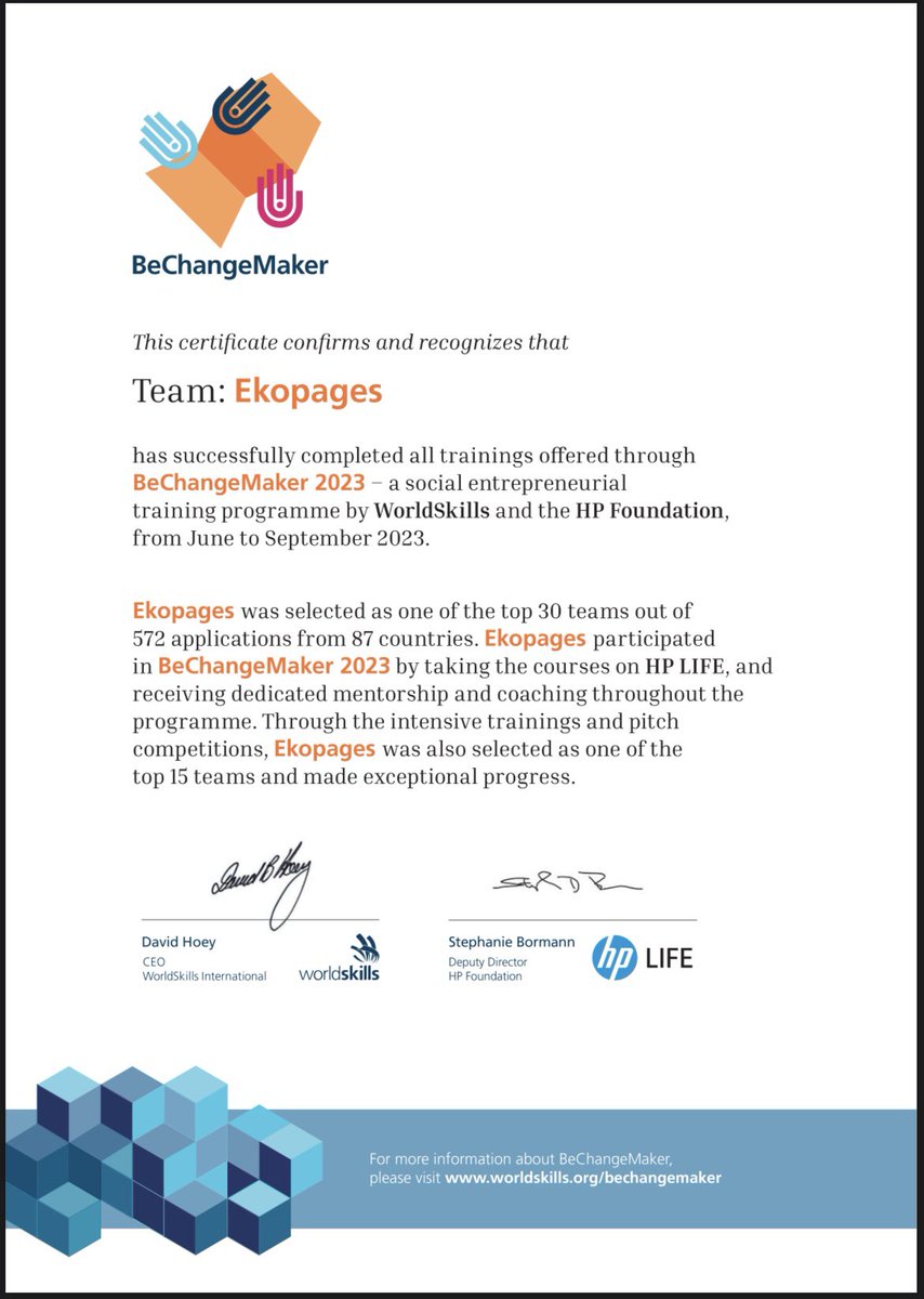 Ekopages_'s tweet image. We are proud to have been among the top 15 out of 572 incredible startups from 87 countries in the BeChangeMaker 2023 program

Thank you 4 being a part of our journey, and here&apos;s to the amazing opportunities that lie ahead! 🥂🎉 
@worldskills @HPLIFE_Program 
#BeChangeMaker2023