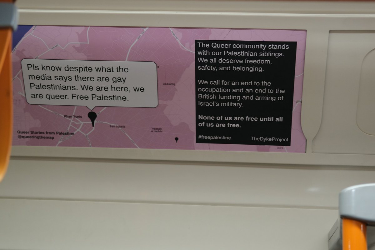 theDykeProject's tweet image. 📢BREAKING📢 we have HACKED over 100 bus adverts across London’s TfL network 🚇🚌🚏We replaced ads with stories from queer Palestinians, and a call for an end to the occupation 🇵🇸