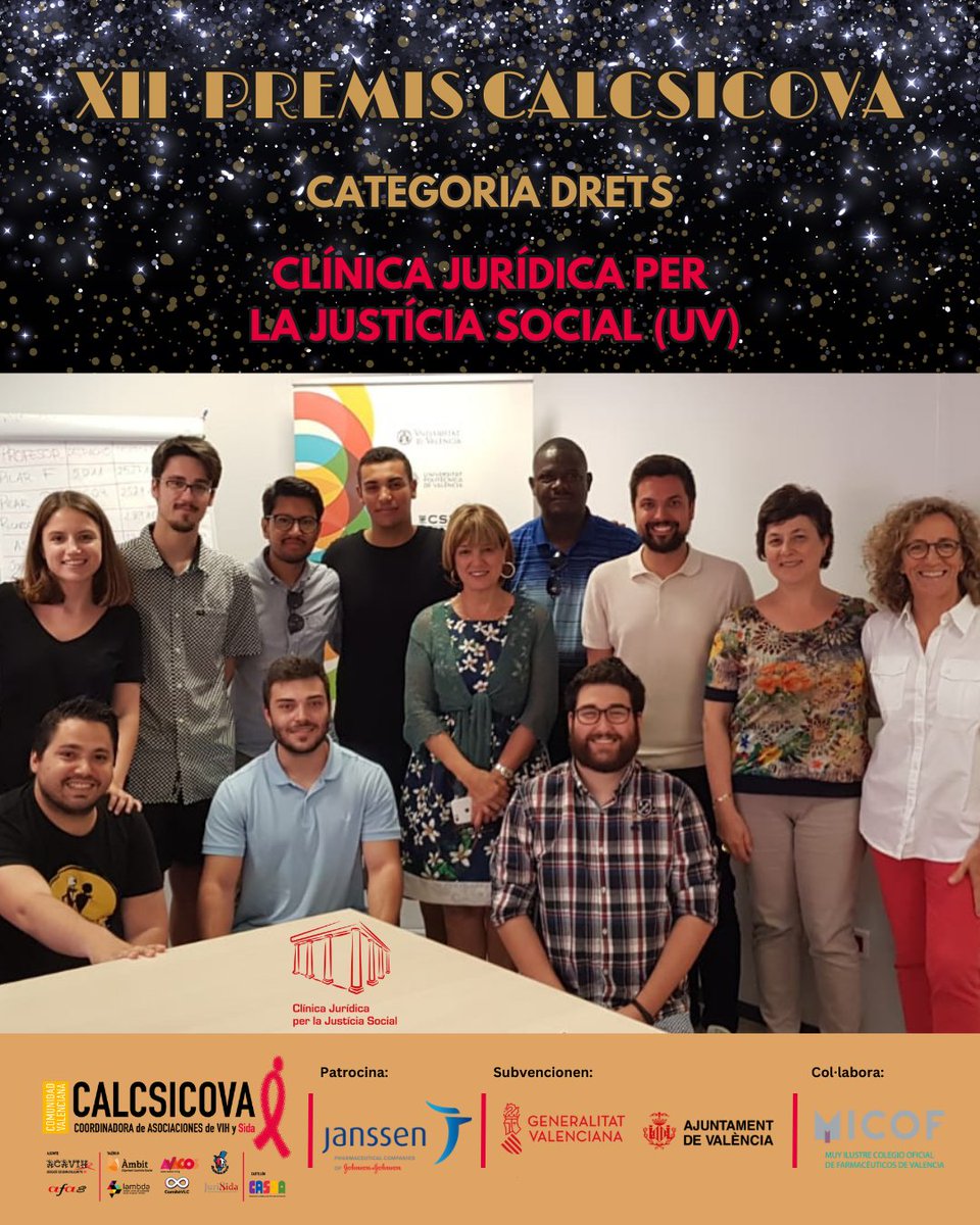calcsicova's tweet photo. En la Categoria #Drets dels #XIIPremisCALCSICOVA🏆 rep un guardó la "Clínica Jurídica per la Justícia Social" de la @UV_EG pel seu suport i alfabetització legal a les persones amb #VIH, familiars i entitats.

🗓3 de novembre ⏰16:00 H📍@micofvlc

Més info📲https://t.co/rlY6ttFiB9 https://t.co/wYJGOly13A