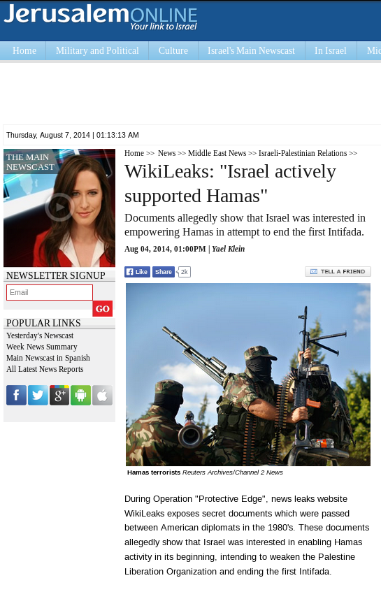 wikileaks's tweet image. WikiLeaks documents show that Israel was interested in empowering Hamas in attempt to end the first Intifada - Hamas "serves as a useful counter-force" [2014] Link: web.archive.org/web/2014080622…