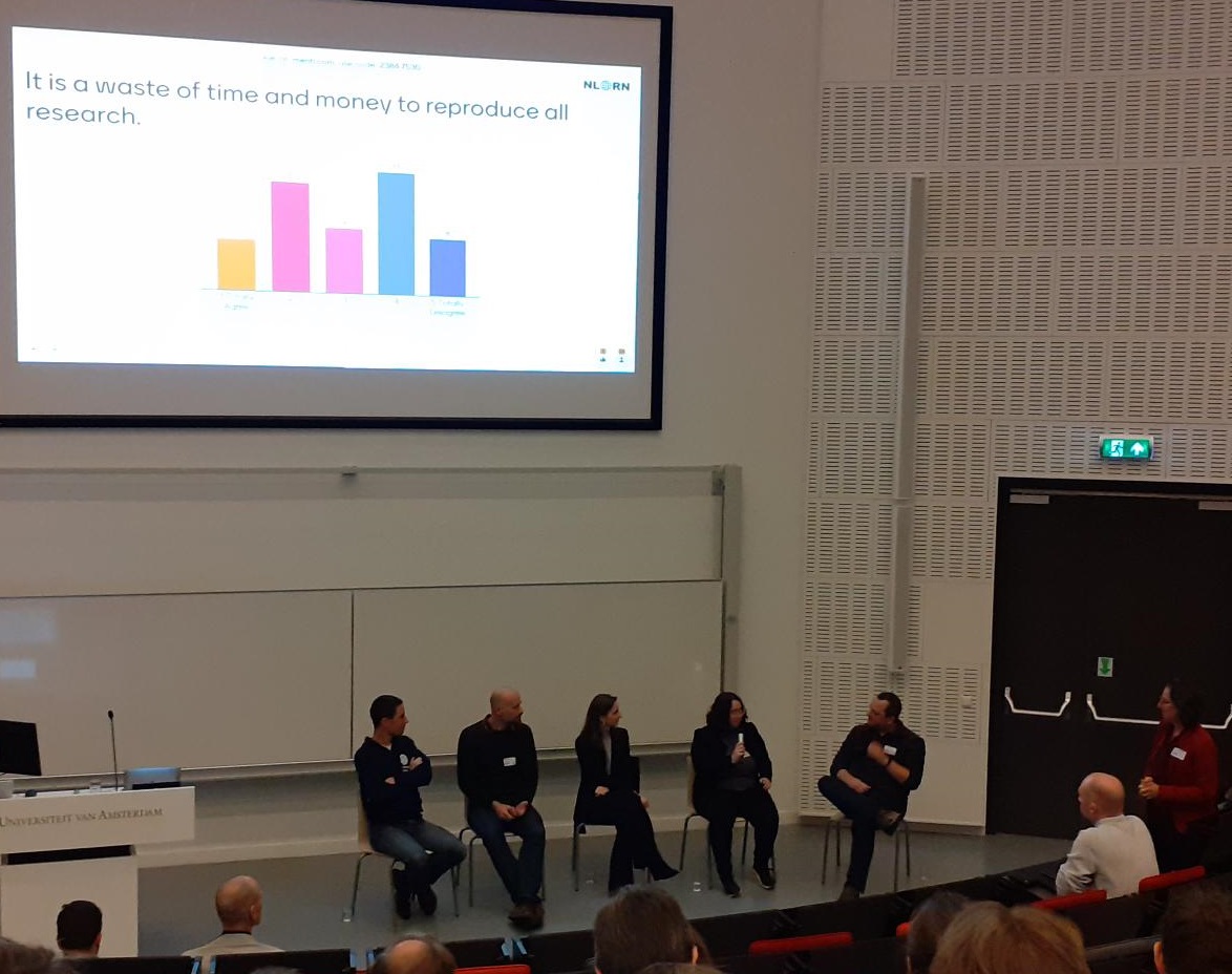 RoliRoberts's tweet photo. Reproducibility is for all disciplines! Awesomely eclectic panel #NLRNlaunch! L-R: @LudoWaltman (bibliometrics) @f_ostermann (geography) @CCSRulkens (art history), @JuliaMenon18 (https://t.co/moN03zaLqV), @egonwillighagen (chemoinformatics). Chaired by @MariettevdHoven @NLrepro https://t.co/ljE3pisid4