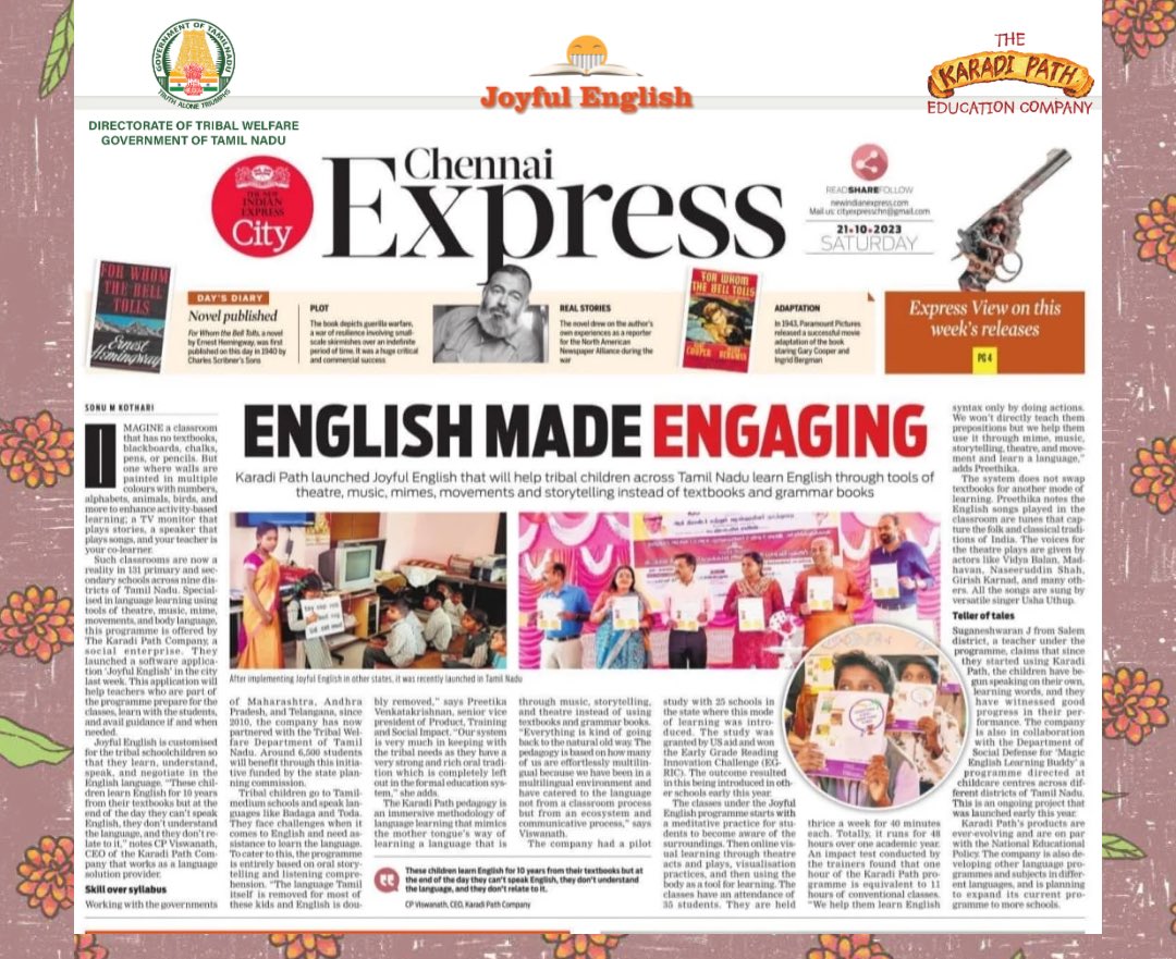 Joyful English program launched in 131 Tamil Nadu GTR schools! 🎉🎉
We’re deeply honoured to partner with the Tamil Nadu government to promote English literacy in tribal regions. 

Covered by <a href="/ThenewindianE/">thenewindian express</a> 🙏🏽 🗞️

newindianexpress.com/cities/chennai…
#tamilnadu #education #school #tribal