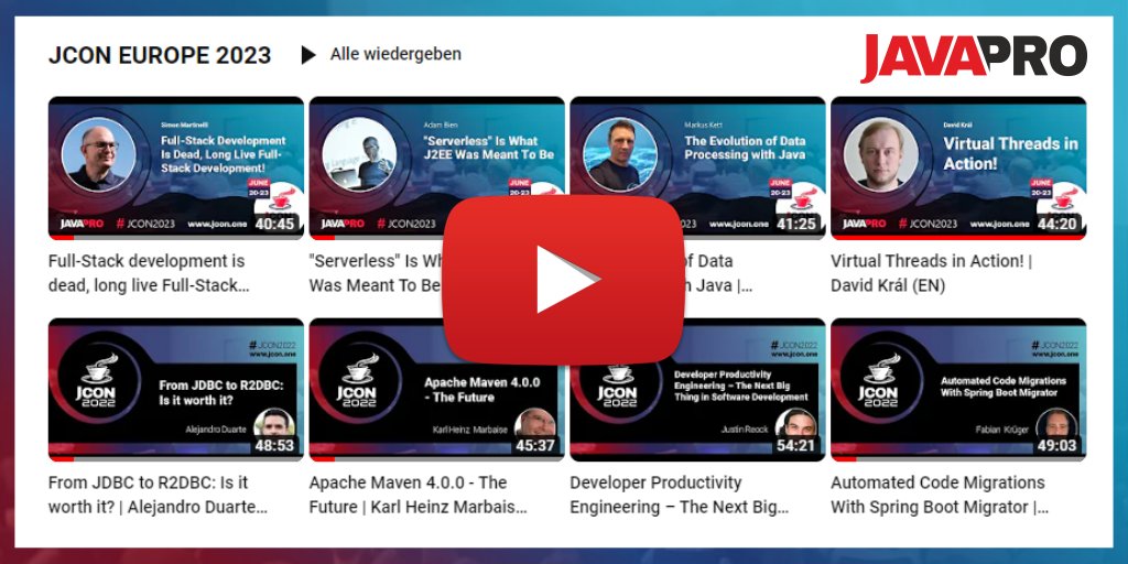 🎥 It's still a while until the next #JCON2023! To keep things interesting until then, check out some of the gems of #JCON. Do you like special themes? You can find it in our playlists for #CoreJava #DevOps #WebDevelopment #LowCode #Cloud &amp; more!

Watch: youtube.com/c/JAVAPRO-chan…