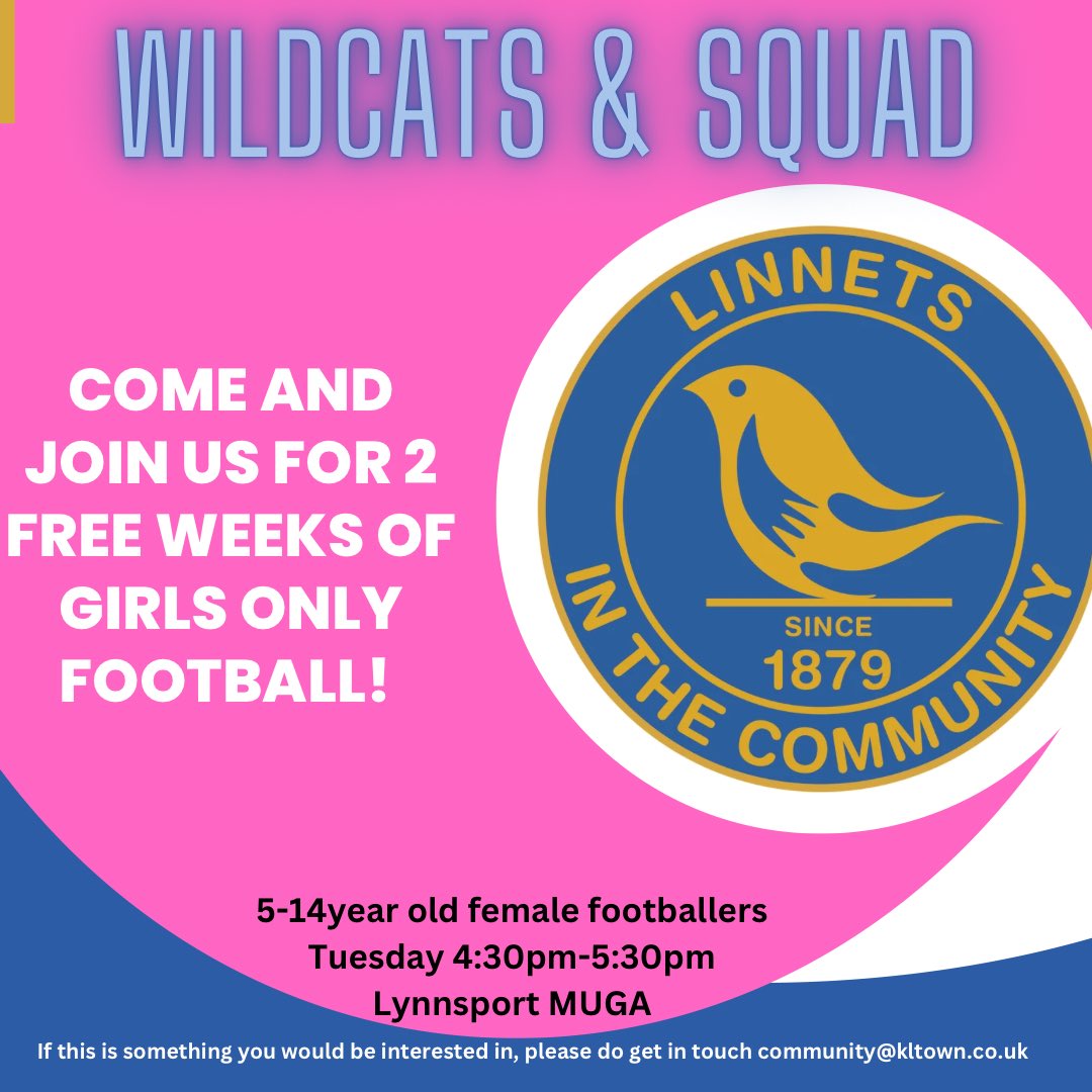 LinnetsintheCom's tweet photo. Get your first 2️⃣ weeks free‼️

Every Tuesday 
Lynnsport MUGA 
4:30pm-5:30pm 
Bring Astro/trainers &amp; a drink

To register interest please fill in the form below!

https://t.co/ndvMOxR9MZ

#wearelynnn #communityclub #nextgeneration #femalefootballers #wildcats #squad https://t.co/bpNpYxkeKL