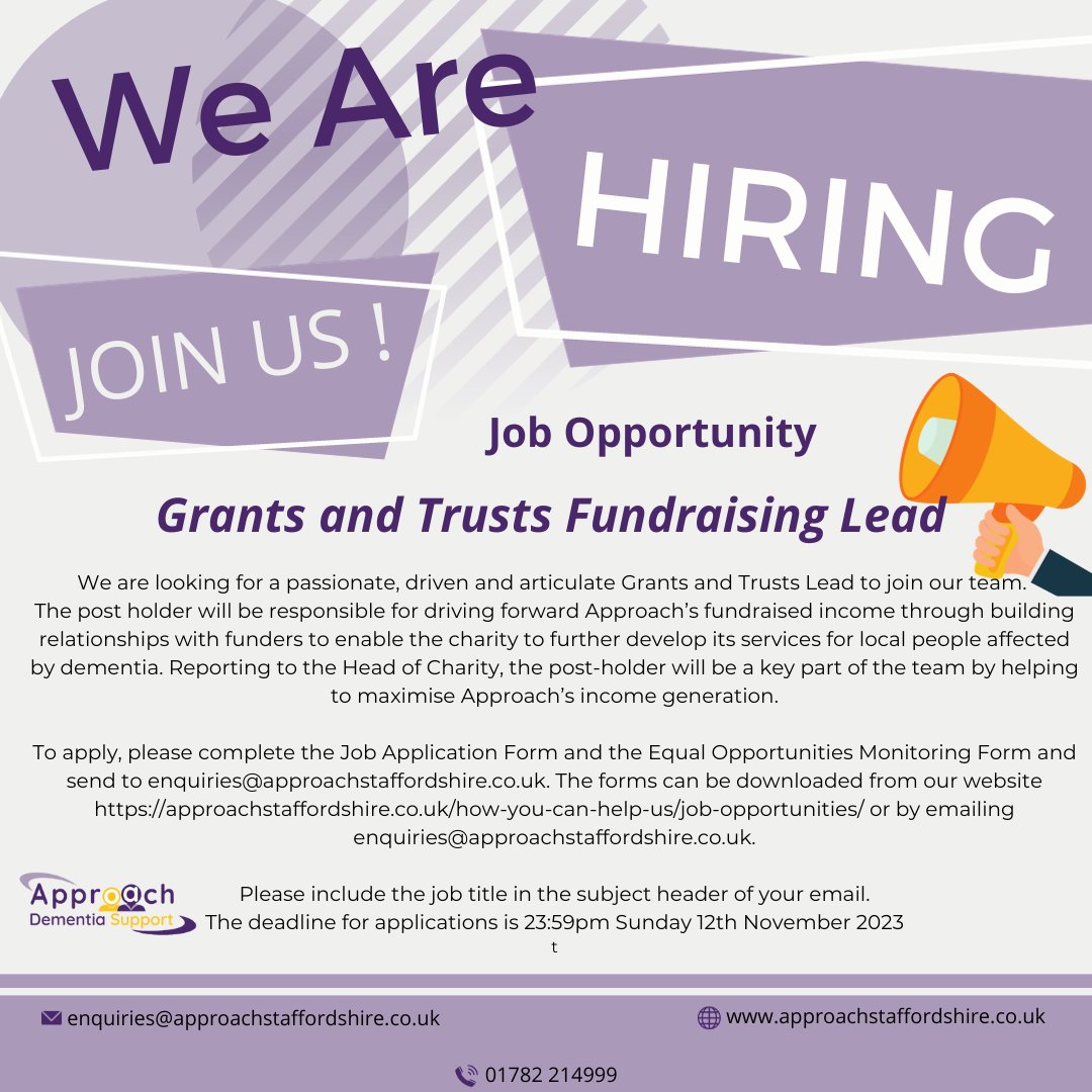 ApproachStaffs's tweet photo. WE ARE HIRING
DEMENTIA SUPPORT WORKER
20HRS 
GRANTS AND TRUST FUNDRAISING LEAD
37HRS  (part-time hours also considered)
please visit our website for more info
https://t.co/DrrzoAK1J7
Or email enquiries@approachstaffordshire.co.uk using the job title in the subject line. https://t.co/lCqehp0law