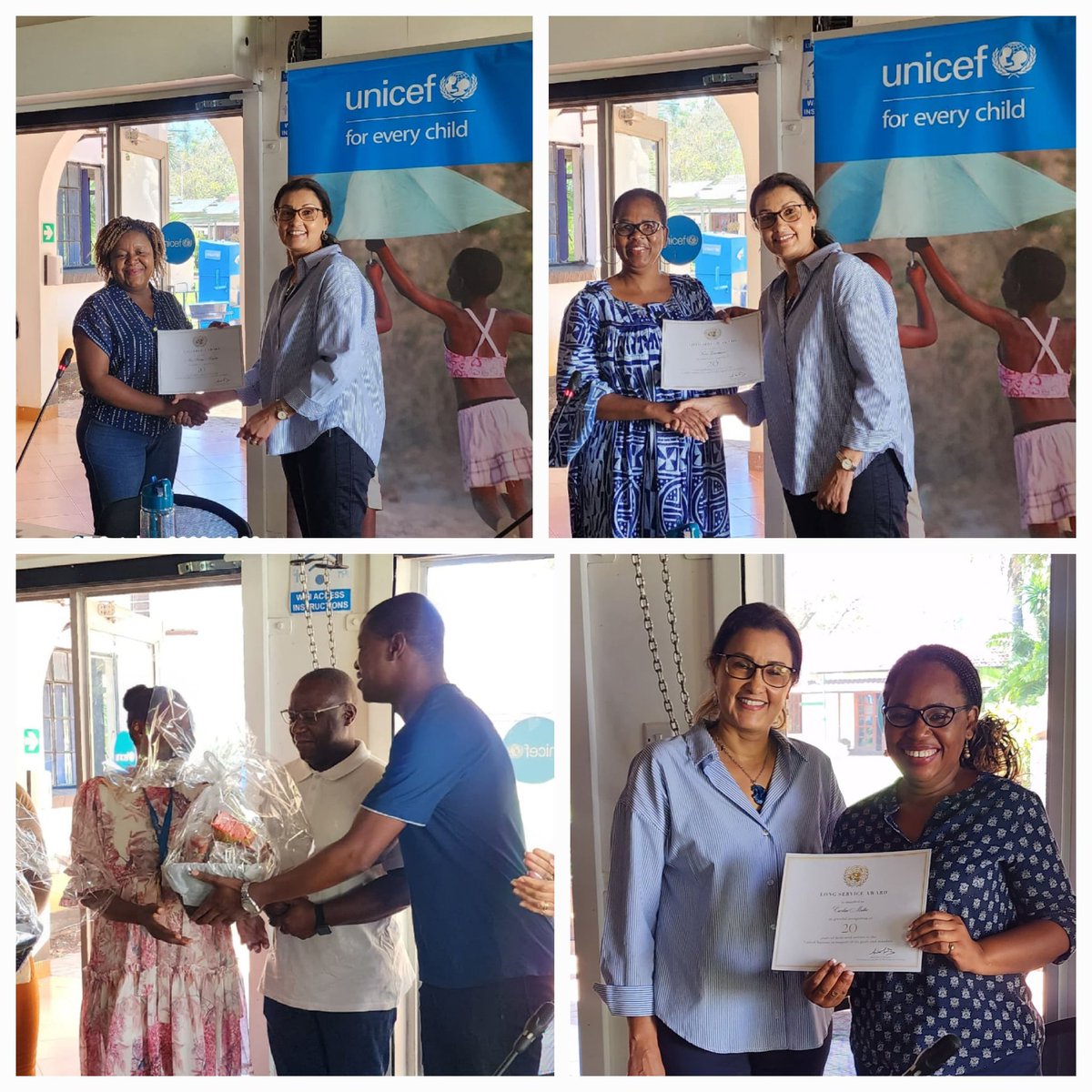 Today, I celebrate my colleagues who have devoted btw 10 & 30 yrs to the wellbeing of #children. 

Congratulations to Moreblessing Muyanka, Kenae Ramodimoosa, Josephine Moetsabi & Caroline Madho for the #LongServiceAward of more than 15yrs.

@StaffUnicef 
@UNICEFZIMBABWE