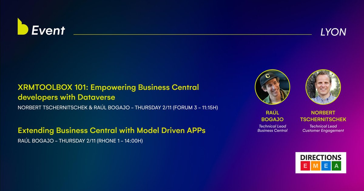 [We are back at 4 <a href="/DirectionsEMEA/">Directions for Partners</a> ] We are proud to announce that we are back at 4Directions EMEA this year! 📷
Our colleagues <a href="/BogajoRaul/">Raúl B.</a>  and <a href="/TheTscher/">Norbert WellAtLeastYouTried</a>  will be speaking at this edition 📷
See you in Lyon next week!

#DirectionsEMEA2023 #msdyn365bc #PowerPlatform