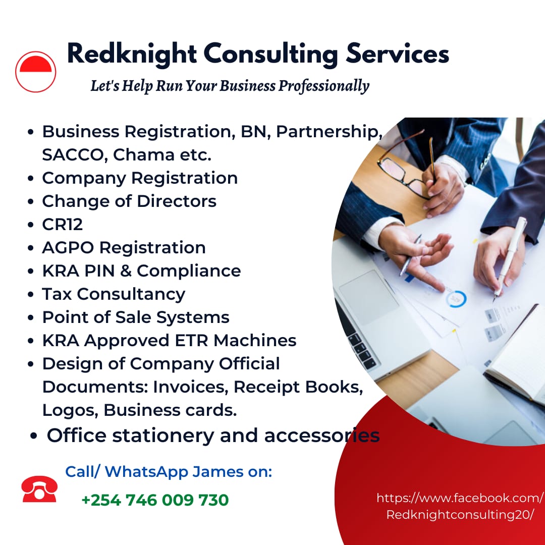 Contact One of our Clients- Redknight Consulting Services to help you Run your business Professionally
Their services include and not limited to the ones below:
Call/WhatsApp 0746009730
#RobisearchFreeMarketDay  
Unauza Nini Leo 
Promote Bizna NaRobisearch