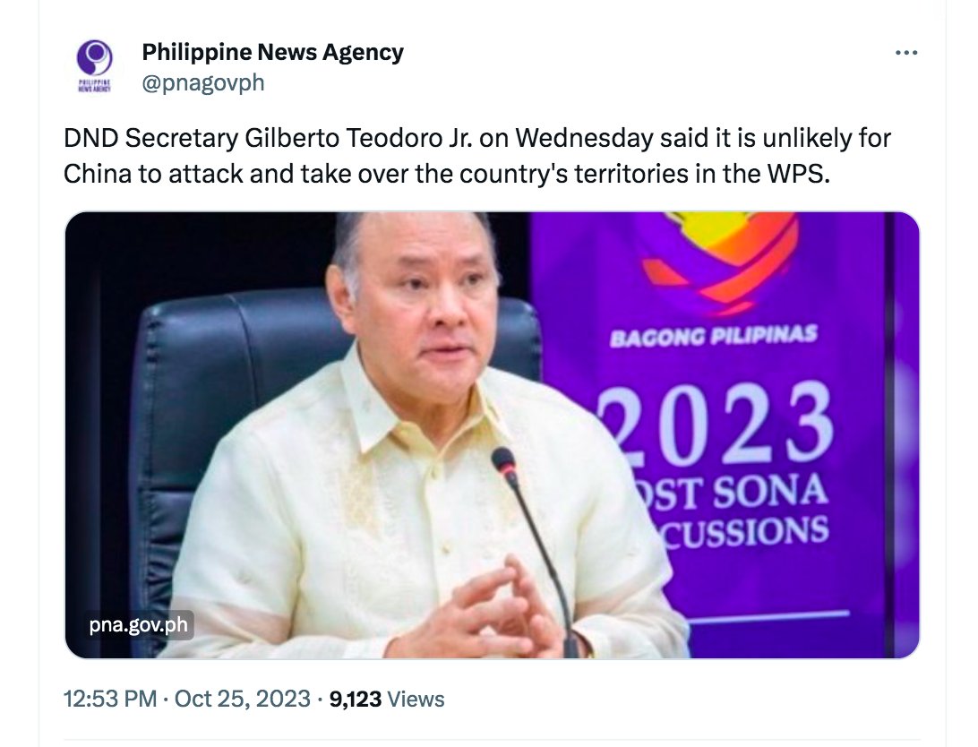 idsicenter's tweet photo. @inquirerdotnet @JMangaluzINQ DND Secretary just said, "it is unlikely for China to attack and take over the country's territories in the WPS." https://t.co/1FGaX2Y2Cr
