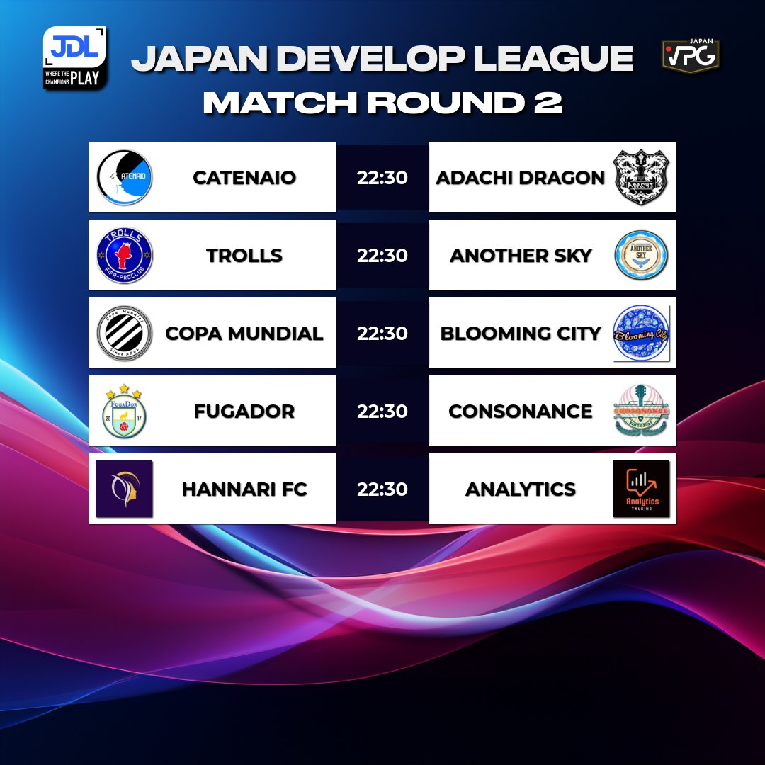 遂に明日、開幕戦を迎えます🔥

VPG Japan FC24 1st season 1〜2節‼️

Develop対戦表はこちらになります💁‍♂️

個人的注目マッチは
第1節 
CONSONANCE vs HANNARI FC✨✨
第2節
CATENAIO vs ADACHI DRAGON⚽️⚽️

どのクラブが良いスタートを切るのか⁉️👀

試合時間は23:00〜です🙇‍♂️

#VPGJapan
#FC24
#Clubs