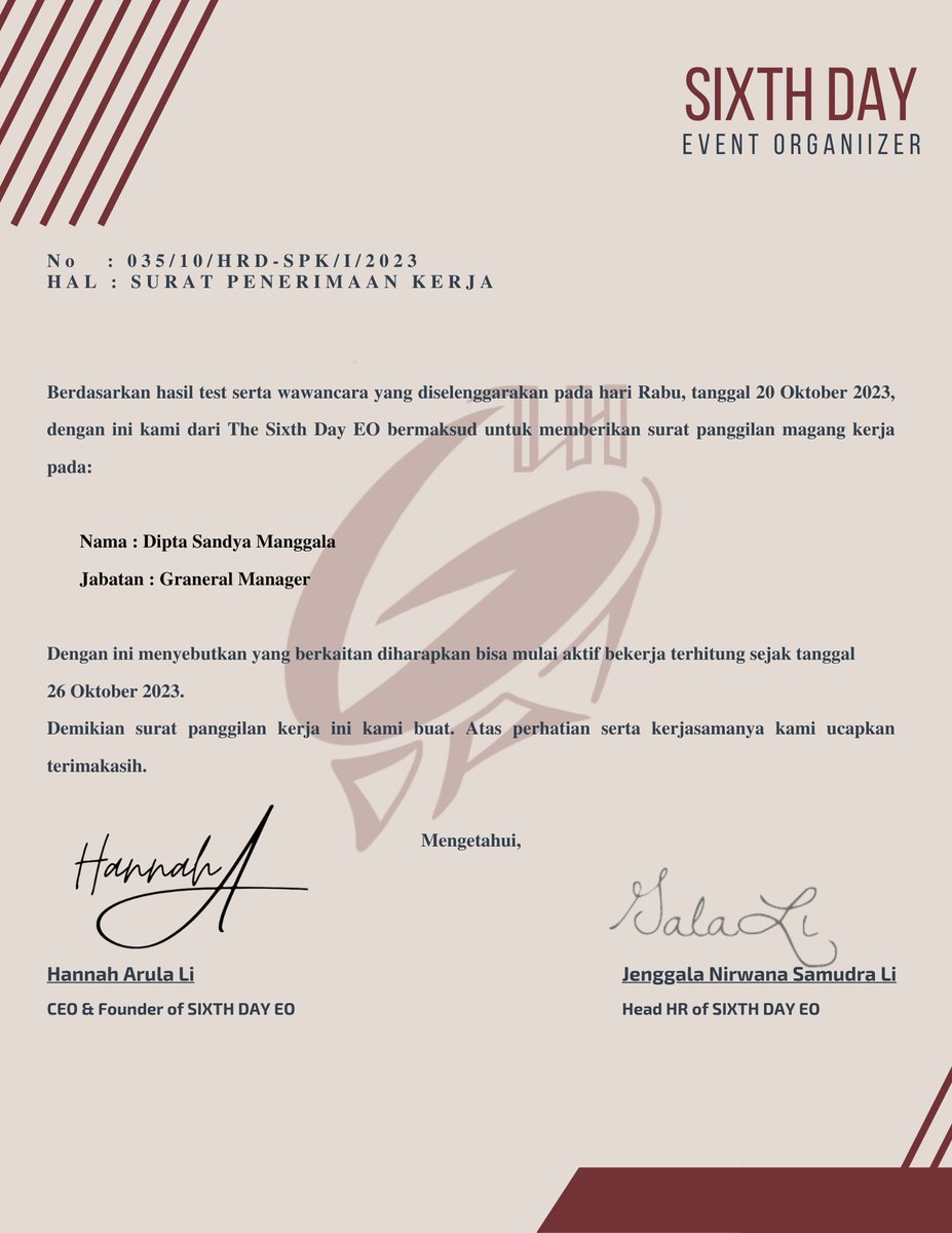 ㅤ

[ 📧 ]

𝐓𝐨 : Lysander Noa ( <a href="/Khaigga/">Manggala, Dipta.</a> )
𝐅𝐫𝐨𝐦 : hrd@sixthday.com
𝐜𝐜 : 
<a href="/lihannah_/">Li Hannah</a> , <a href="/ramenjawa/">Elang Ginanjar.</a>, <a href="/nescafergh/">Jenggala.</a>, <a href="/cottondglow/">ARIA KIM.</a> , @aubrythea, <a href="/Darkvills/">Ryle</a> <a href="/petcify/">Lexie</a>

Subject : Surat Penerimaan  Kerja

ㅤ