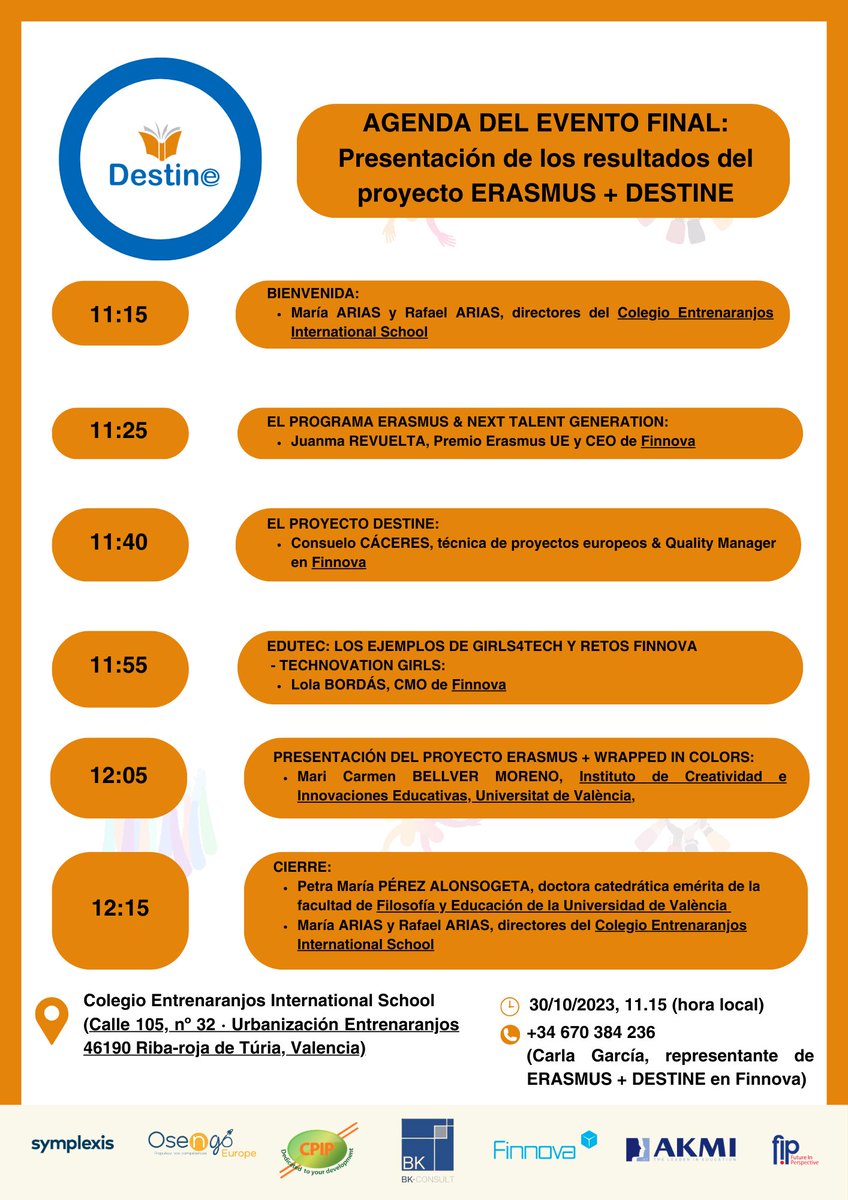 🔝 Finnova presenta en el Entrenaranjos International School los resultados finales del proyecto <a href="/DESTINE_EU/">Destine 🇫🇷 🇬🇷🇩🇪 🇮🇪 🇷🇴 🇪🇸</a>, que apuesta por la tolerancia en las aulas virtuales

🕚30/10/2023, 11.15 (hora local)

📎 lc.cx/hWfj41

🔗 Registro para el evento:  lc.cx/LxtPUF