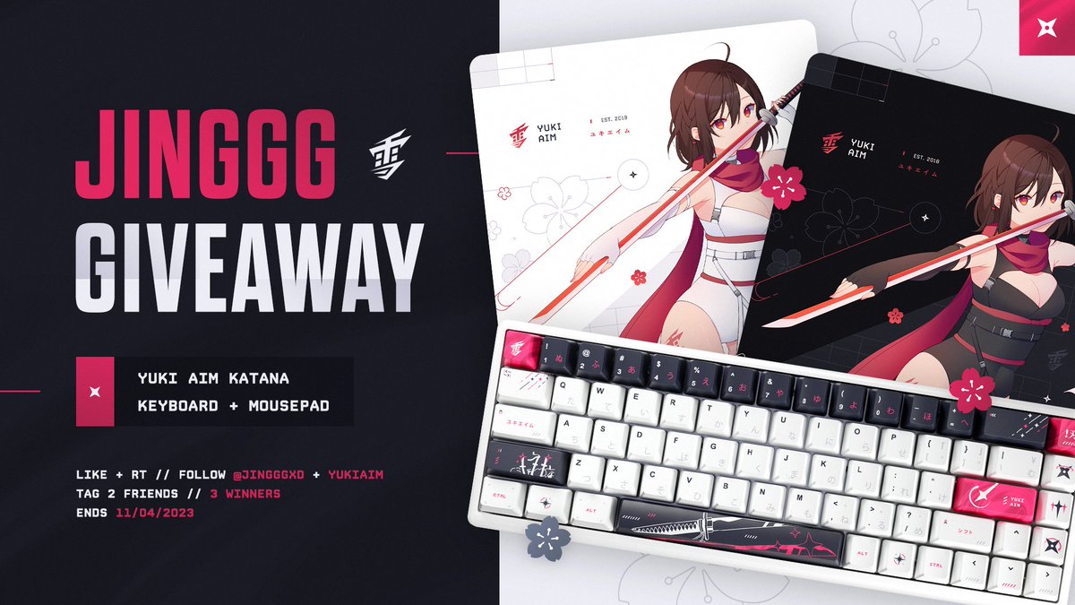 ⛩️ Jinggg × Yuki Aim Giveaway ⛩️ 🌸 3x Katana Keyboard. 🌸 3x Katana Mousepad. To enter: 1⃣ Follow @Jingggxd + @YukiAim. 2⃣ Like + RT this tweet. 3⃣ Tag 2 Friends. 🏆 3 Winners. 🗓️ Ends November 4, 2023.