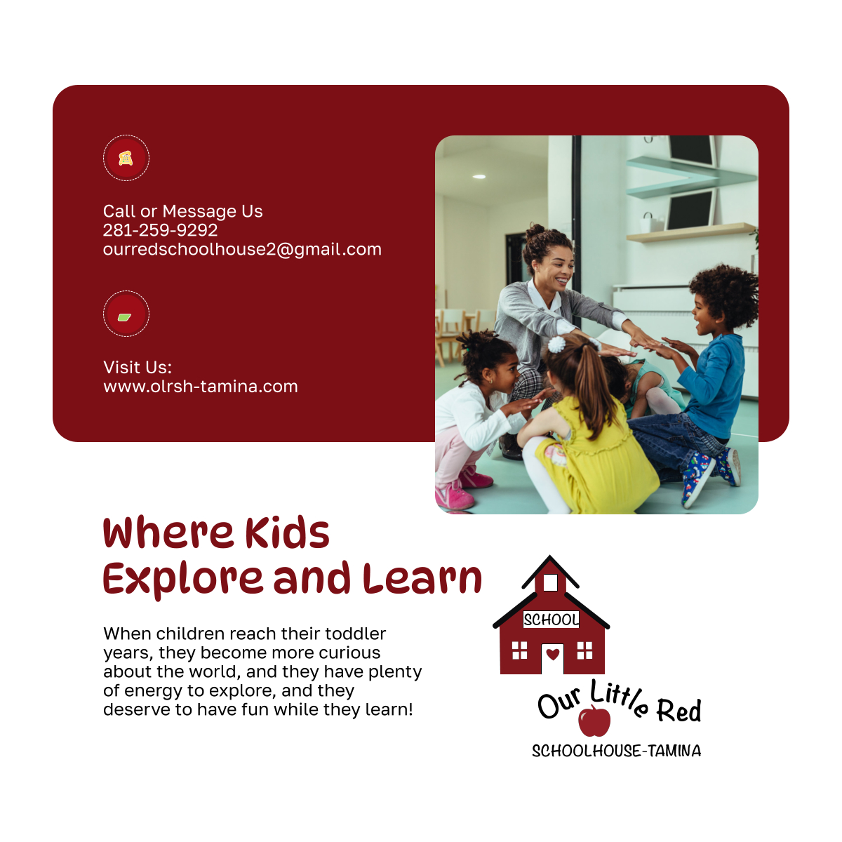 OurLittleRedSch's tweet image. Your kid will learn through play and exploration under our program, where our dedicated staff will provide gentle guidance and embrace their natural wonder. Contact us now for inquiries. 

#GentleGuidance #OurProgram #Childcare #MagnoliaTX