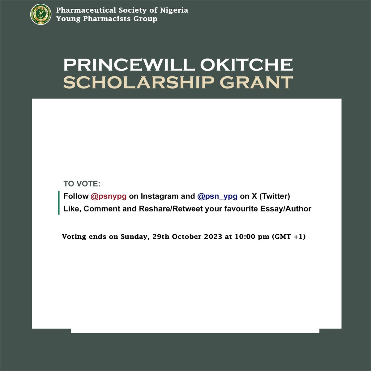 PRINCEWILL OKITCHE SCHOLARSHIP GRANT

🎉 Hurray!! We now have our Finalists! 
✅ Vote Contestant 10 essay via our Instagram and X (Twitter) page.
instagram.com/psnypg
x.com/psn_ypg

📦 To vote, follow our page, Like, comment and Reshare/Retweet your favourite essay