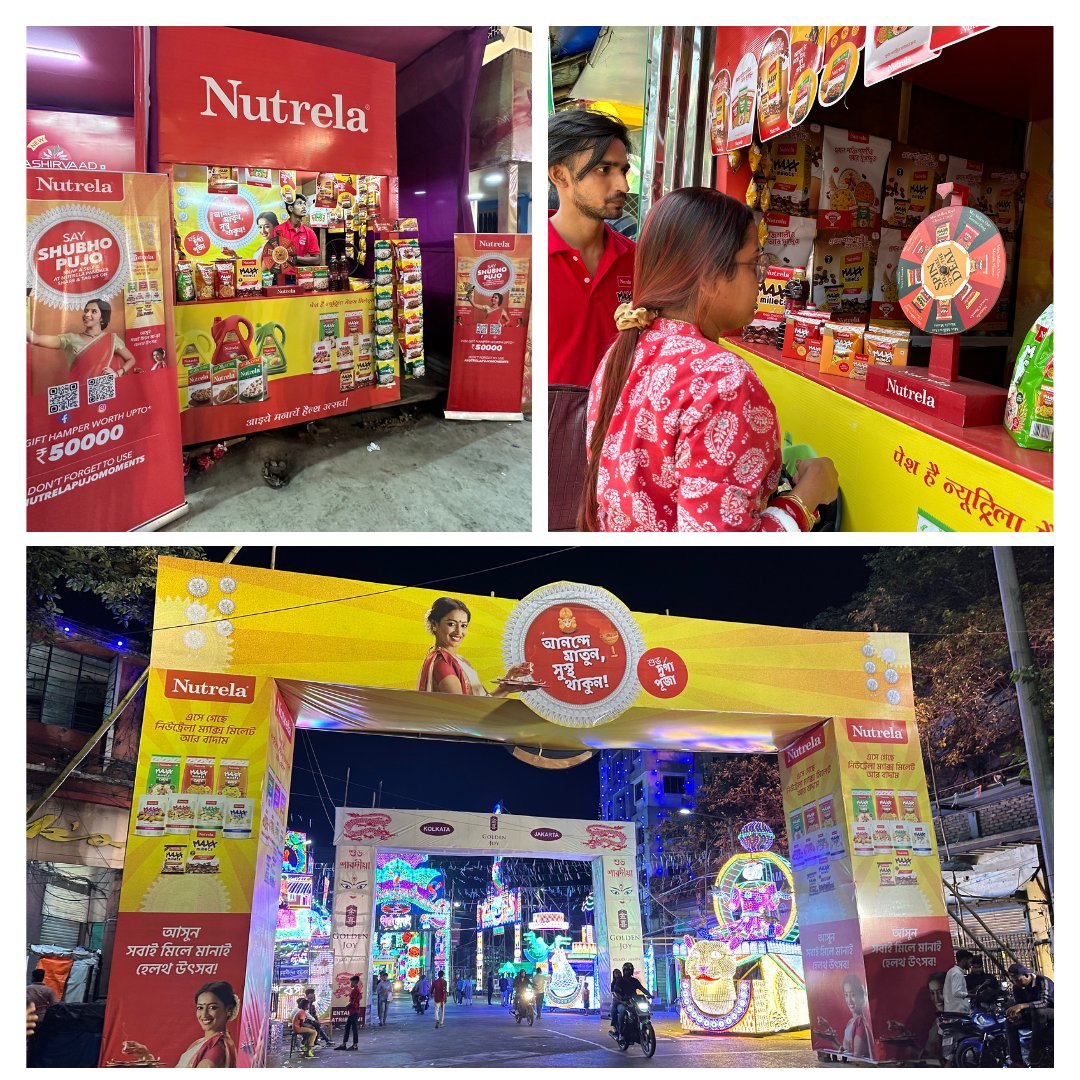 Patanjali_foods's tweet photo. The festive season is here, experience how Patanjali Foods joins in with the celebration of Durga Puja in the vibrant pandals of Kolkata, infusing the lively essence of the festival through Nutrela's enticing recipes, stalls and engaging activities, all while prominently featuring our brand offerings.
#Nutrela #PatanjaliFoods #Marketing #branding  #DurgaPuja2023  #Kolkata