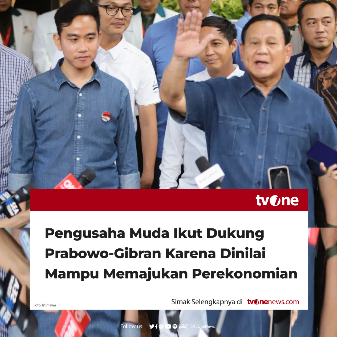 tvOneNews's tweet photo. Dukungan untuk pasangan Prabowo Subianto dan Gibran Rakabuming Raka untuk maju di Pilpres 2024 terus menguat di Kabupaten Jepara, Jawa Tengah. 

Kali ini, dukungan muncul dari kalangan pengusaha muda dibidang perhotelan di Kota Ukir, Eric Linerdo.  Ia menyatakan dukungan penuh untuk pasangan Capres Prabowo Subianto dan Cawapres Gibran Rakabuming Raka. 

Simak berita selengkapnya di https://t.co/wp8yhRDeDh
#HardNews_Politik #NewsOne #CariBeritaditvONe #PrabowoGibran #PengusahaMuda #Pilpres2024