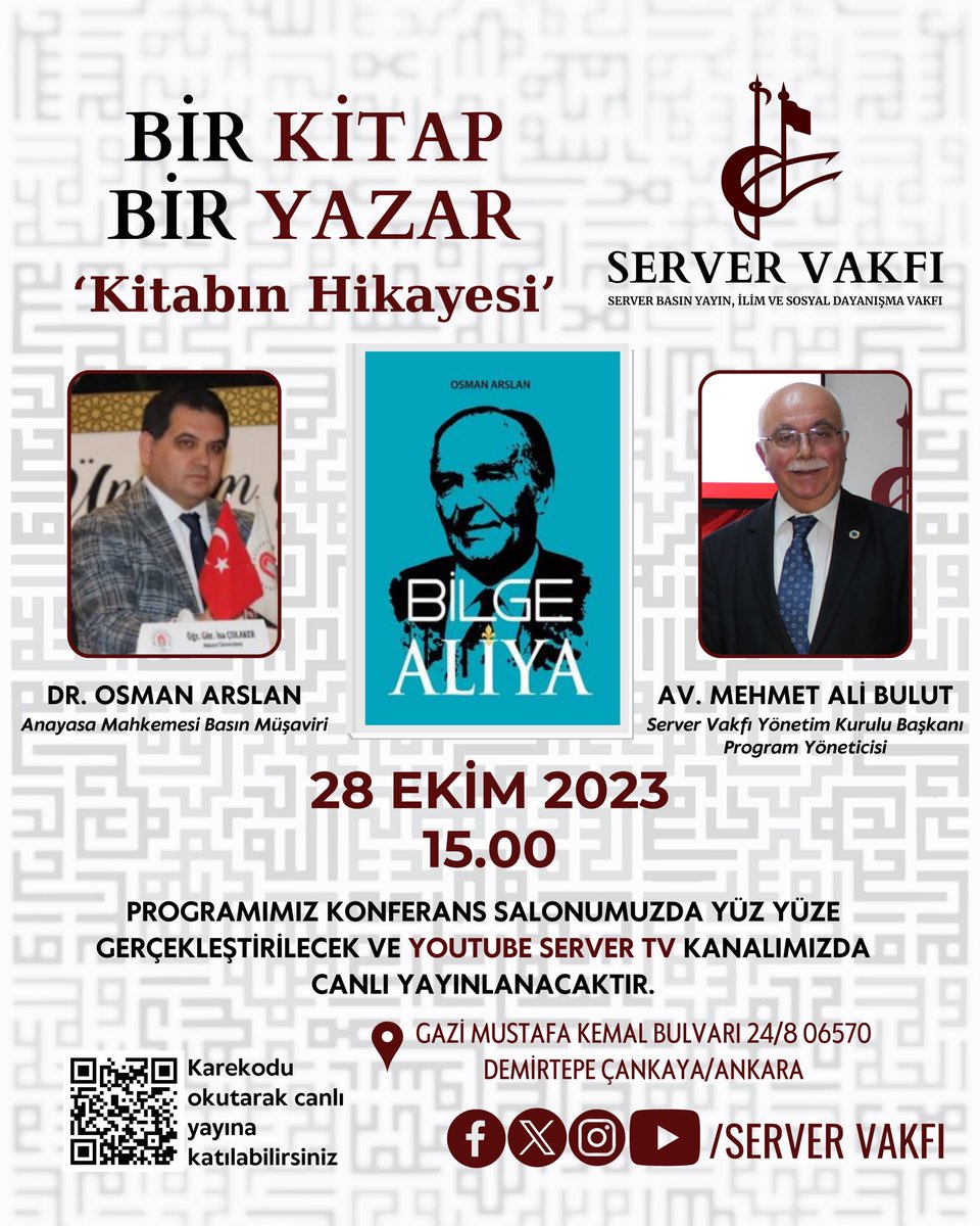 SERVER VAKFI (@server_vakfi) on Twitter photo Program Yöneticiliğini Av. Mehmet Ali BULUT’un yaptığı BİR KİTAP BİR YAZAR da bu hafta Dr. Osman ARSLAN var.
BİLGE ALİYE Kitabını tanıtacak.
Tüm kitapseverleri bekleriz. <a href="/malibulutt46/">Mehmet Ali Bulut</a> <a href="/OsmanArslan01/">Osman Arslan</a> Program Yöneticiliğini Av. Mehmet Ali BULUT’un yaptığı BİR KİTAP BİR YAZAR da bu hafta Dr. Osman ARSLAN var.
BİLGE ALİYE Kitabını tanıtacak.
Tüm kitapseverleri bekleriz. <a href="/malibulutt46/">Mehmet Ali Bulut</a> <a href="/OsmanArslan01/">Osman Arslan</a>