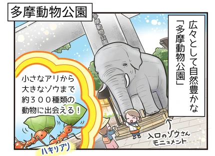 『あてっこ どうぶつずかん だれ』といく 全国の動物園案内 !  今回ご紹介するのは 、キリンさんがいっぱい! 【東京都・多摩動物公園】!!  4コマと動物コラムを楽しんでくださいね 