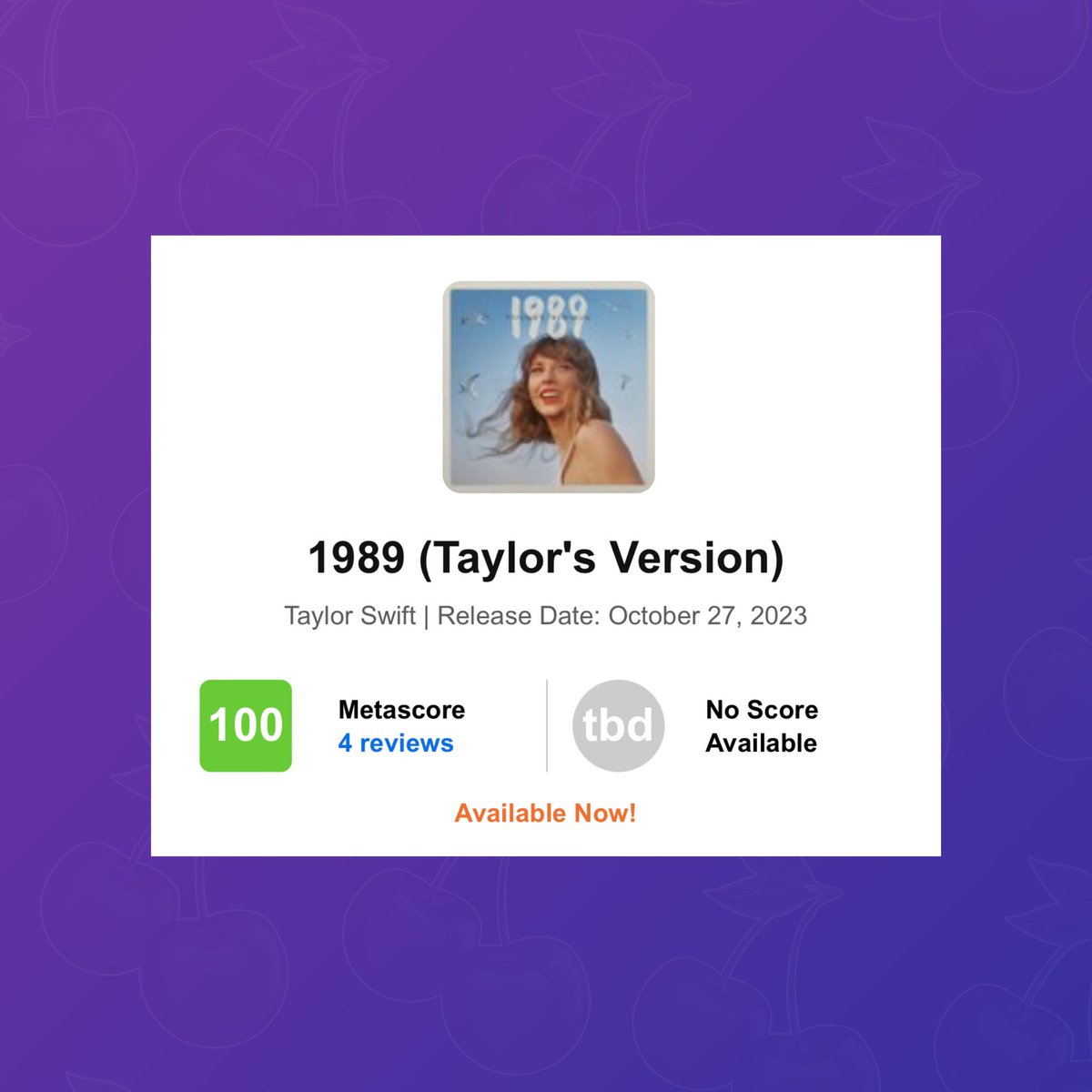 PopBase's tweet photo. ‘1989 (Taylor's Version)’ debuts with a perfect score of 100 on Metacritic, with 4 reviews. It is the most acclaimed album of 2023 so far. https://t.co/gARpXEiQfX