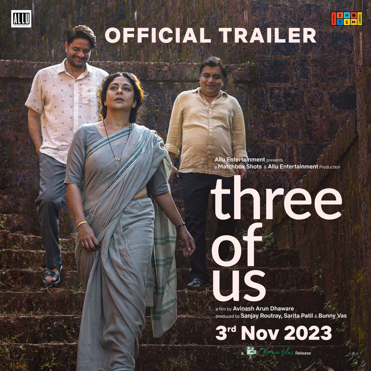 #ThreeOfUs stars #ShefaliShah, #JaideepAhlawat and #SwanandKirkire… In *cinemas* 3 Nov 2023.

#ThreeOfUsTrailer 🔗: youtu.be/LGMsX_RzGl4

Directed by #AvinashArunDhaware… Produced by #SanjayRoutray, #SaritaPatil and #BunnyVas… #AlluEntertainment presentation.
#Aliftay