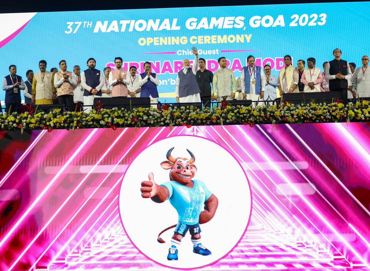 #Fatorda Stadium roars to life as the 37th National Games kicks off with our nation's leaders PM Narendra Modiji, Union Sports Minister Anurag Thakur, CM Pramod Sawant, and Minister Govind Gaude. Get ready for an exhilarating sports journey! #NationalGamesGoa #GoaGamesBegin…