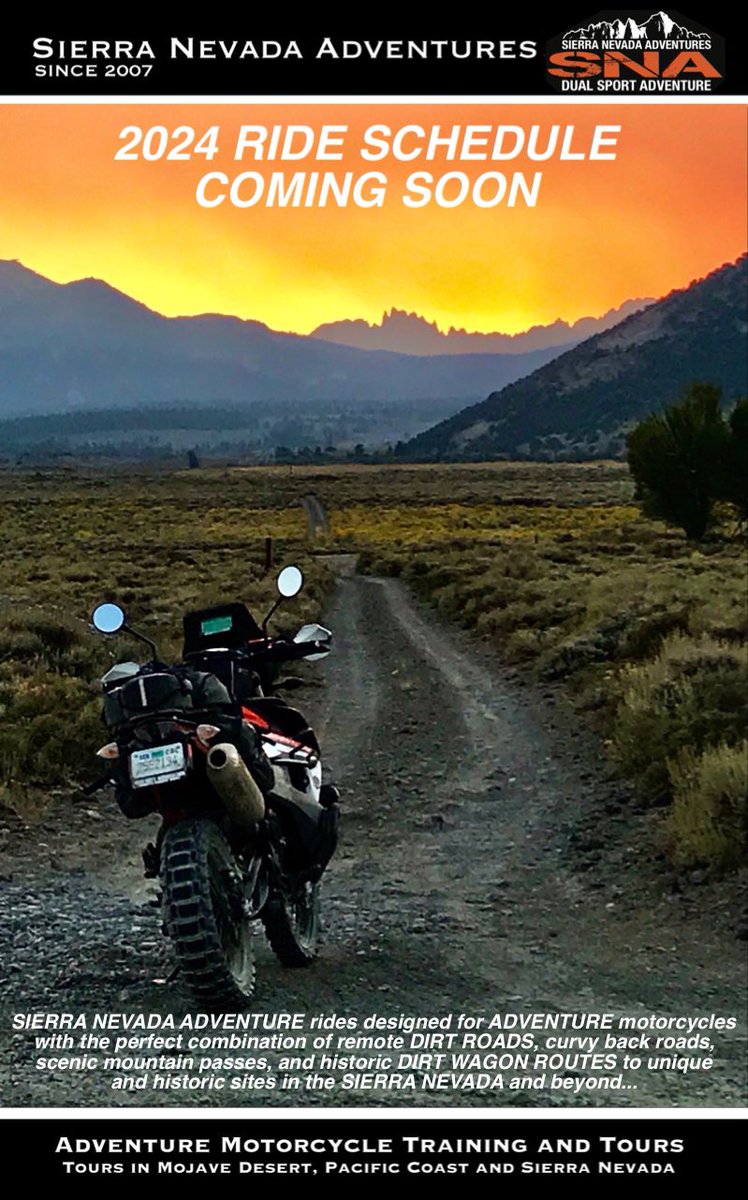 SNAMark's tweet image. SIERRA NEVADA ADVENTURE rides designed for ADVENTURE motorcycles with the perfect mix of remote DIRT ROADS, back roads, mountain passes, and historic DIRT WAGON ROUTES to unique and historic sites in the SIERRA NEVADA and beyond...

Membership is FREE!!!
SierraNevadaAdventures.com