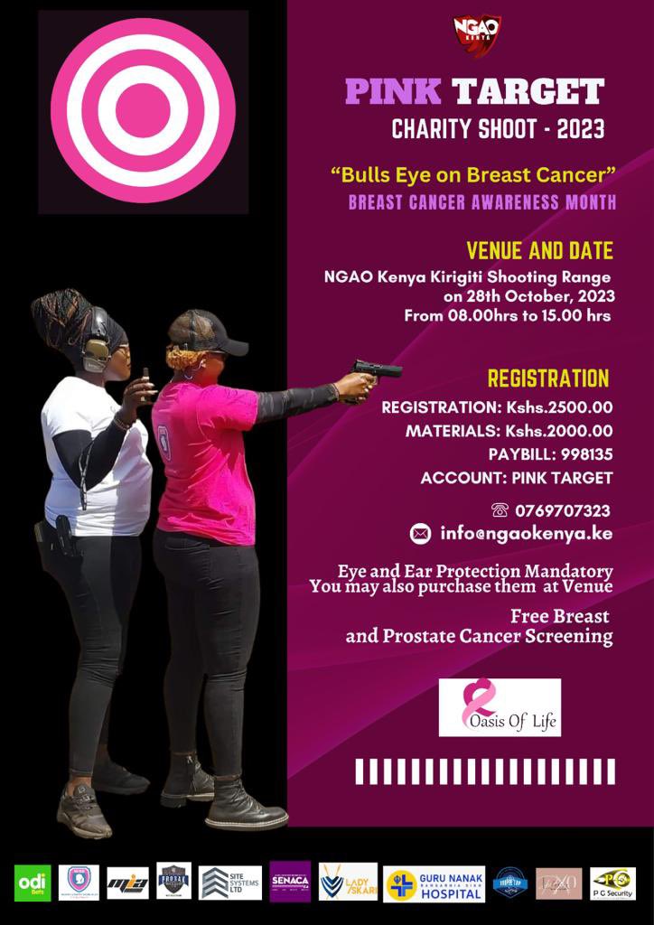 NGAO_Kenya's tweet photo. 1 Day to Go to the 
 PINK TARGET 🎯 CHARITY SHOOT
28th October, 2023
To Support the Cause use 
  *PAYBILL.    :998135
*ACCOUNT: PINK TARGET
Tell A Friend To Tell a Friend..
#PinkTarget
#BullsEyeOnBreastCancer
#BreastCancerAwareness
#AimForACause https://t.co/kUMQJjWNm9