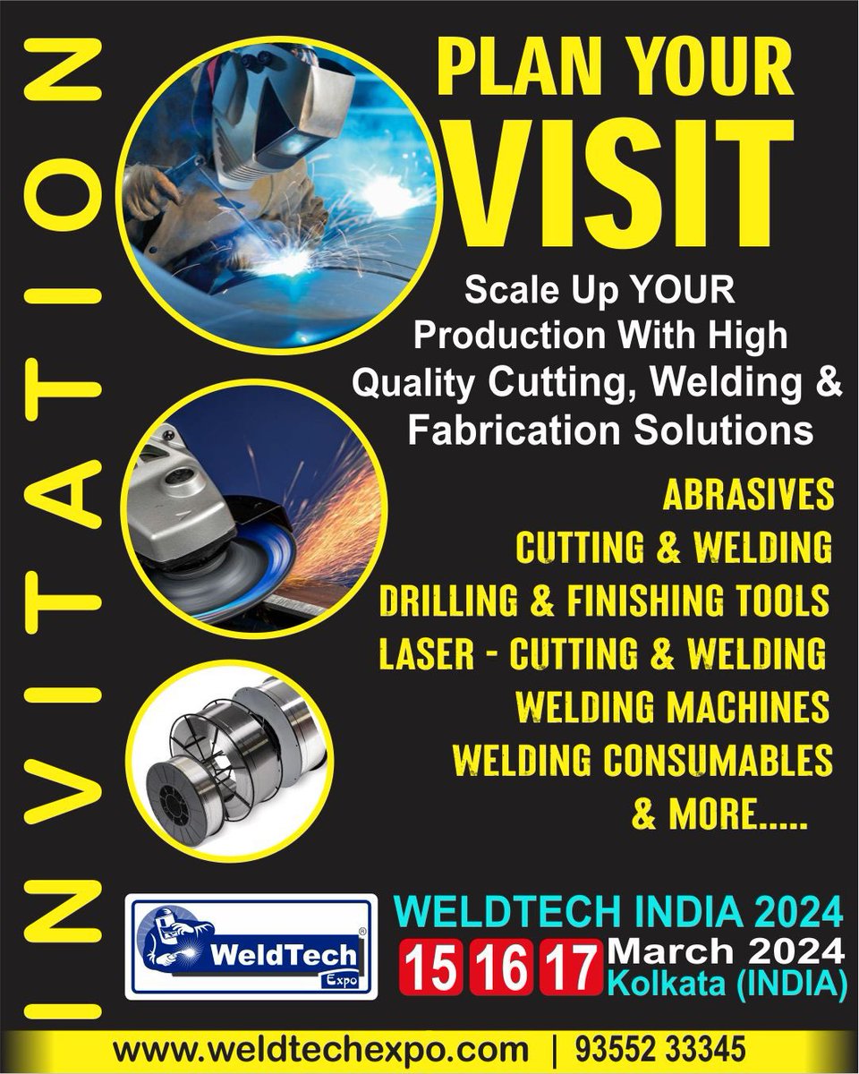 Chandra62441137's tweet image. Scale-Up YOUR Production with High Quality Cutting,  Welding, Finishing &amp;amp; Fabrication Solutions? Plan Your VISIT
#WELDTECH INDIA 2024 - Region&apos;s Largest b2b Exhibition for #Welders #QualityControl #AssemblyLineManagers #PlantManagers #Maintenance #Fabricators #dealers