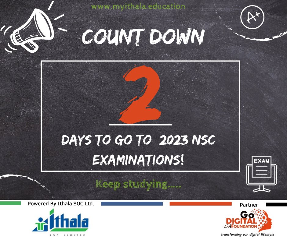 📚 2 Days to 2023 National Senior Certificate examinations! 📚

You've got the knowledge, now let's show it! 💪📖🎓 

#Matric2023 #FinalCountdown #BelieveInYourself #FinalExams #YouGotThis #joiniep #myithalaeducation #MyIthala #GDSAF #Grade12 #matric23 #education  #fyp