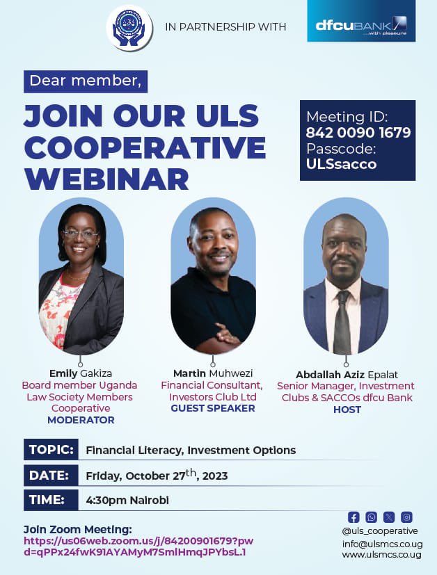 OrtusAdvocates's tweet image. Our Partner @EGakiza will be moderating a session on financial literacy &amp;amp; investment options for the Uganda Law Society SACCO @ug_lawsociety in partnership with dfcu Bank @dfcugroup 

#TrustedExperience
#LimitlessSolutions
#Ortus