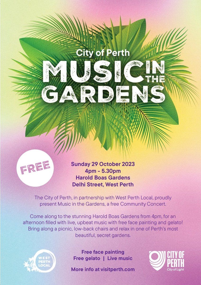 westperthlocal's tweet image. This Sunday afternoon 4 - 5.30pm in Harold Boas Gardens, West Perth. Come and join us for a FREE public concert, a free gelato &amp;amp; free face painting for the kids ! 

@CityofPerth #perthevents 
@TownTeamMovers #placemaking