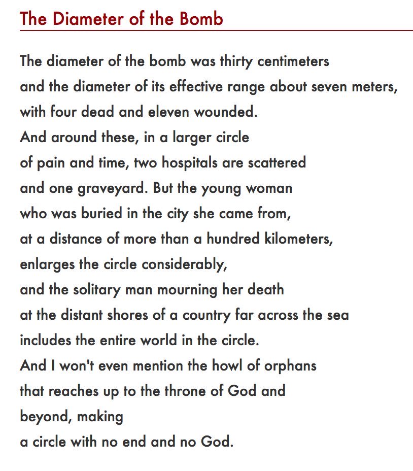 As the conflict in the Middle East threatens to spread, I keep thinking of Yehuda Amichai’s poem ‘The diameter of the bomb’ translated by Ted Hughes.