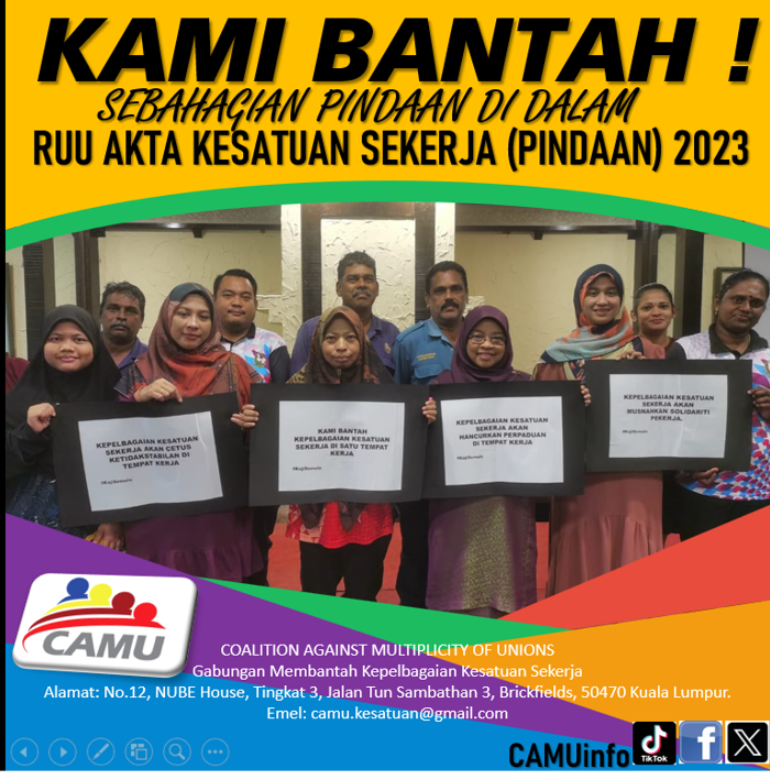 CAMUinfo's tweet photo. CAMU menyeru semua Ahli Dewan Negara MENOLAK RUU D.R.30/2023 AKTA KESATUAN SEKERJA (PINDAAN) 2023. RUU INI PERLU DIKAJI SEMULA!  #FYP #followyourpage #tiktok #pmx #pmxgagal #viral #trending #dewannegara
@anwaribrahim @Khairykj @PKPG30 @fmtoday
@501Awani #BarisanNasional https://t.co/Y7AUcVah2g