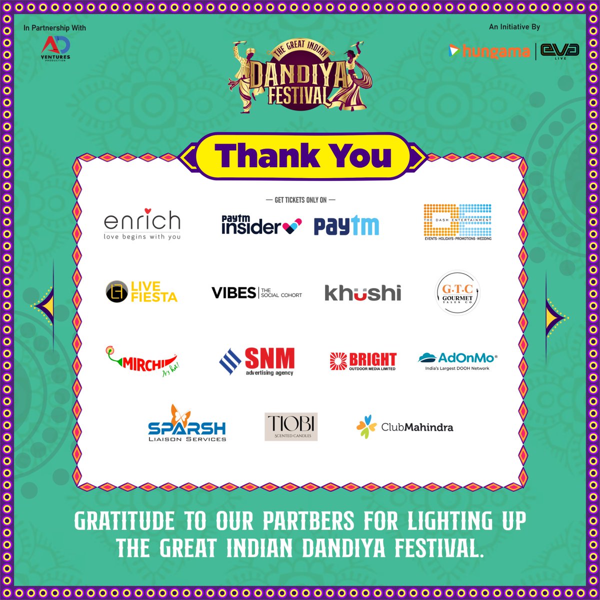 A resounding thank you to our phenomenal Partners for turning 'The Great Indian Dandiya Festival' into an extraordinary dance of unity and culture. Your support ignited the festive spirit, and we're forever grateful. Here's to more memorable beats and moves in the future! 💃🥁🌟