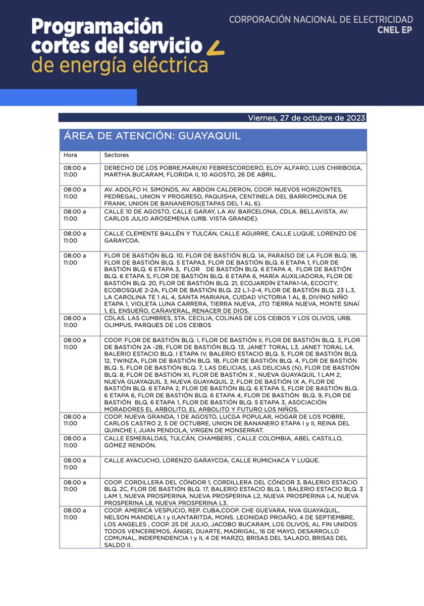 CNEL_EP's tweet photo. 1/3 

ATENCIÓN 🚨   

Informamos los cortes del servicio de energía eléctrica del 27/10/2023 en la Unidad de Negocio #Guayaquil. https://t.co/TX98UGeCJB