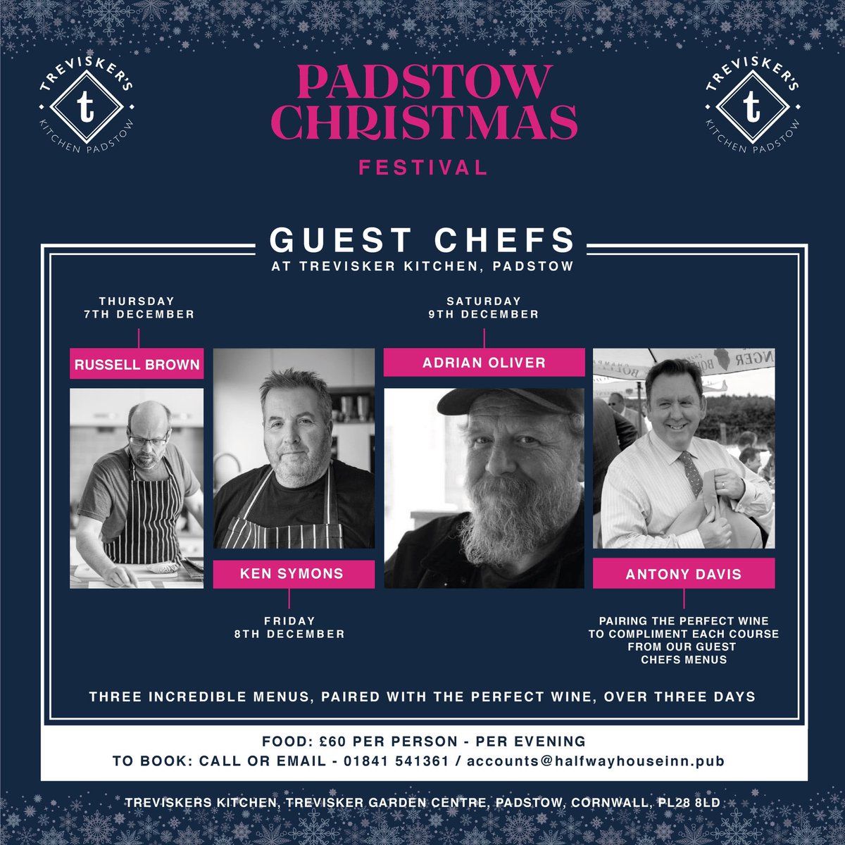 Introducing the fantastic guest chefs who will be cooking their set menus this December as part of the @sharpsbrewery @padstowxmas festival celebrations
<a href="/RussellBCaC/">CreativeaboutCuisine</a> 
<a href="/kensymonspriva1/">kensymons@privatechef</a> 
<a href="/Adrian_0liver/">Adrian Oliver is The Cornish Field Kitchen</a> 
<a href="/SharpsBrewery/">Sharp's Brewery</a> 
<a href="/TreviskerGc/">TreviskerGC</a> 
#padstowchristmasfestival 
#padstow 
#chefstable