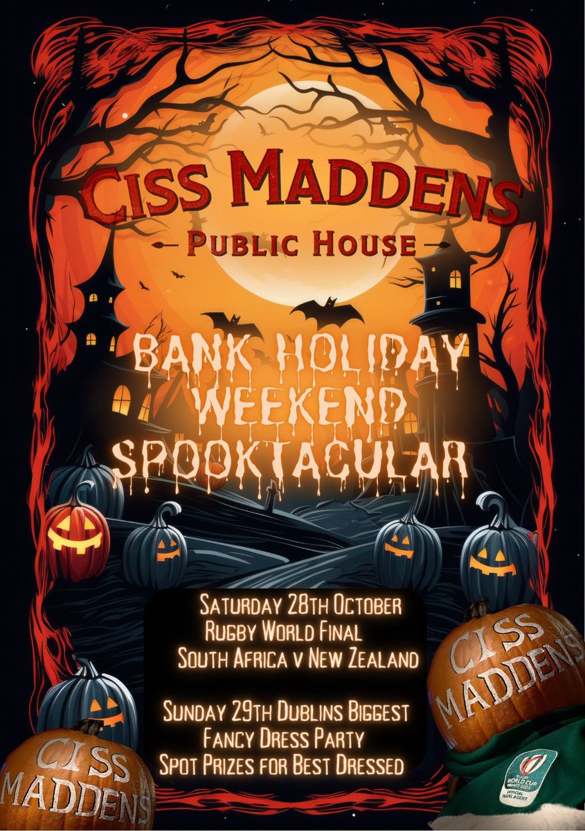 Join us this weekend and watch Ireland sorry meant to say through gritted teeth ahem NZ V SA &amp; on Sunday Halloween Party, Prizes for best dresser #Ireland #Dublin #Halloween #Saturday #Sunday #drinks #cocktails #beers #wine #spirit #party #rugbyworldcup2023 
#Final #NZLvRSA