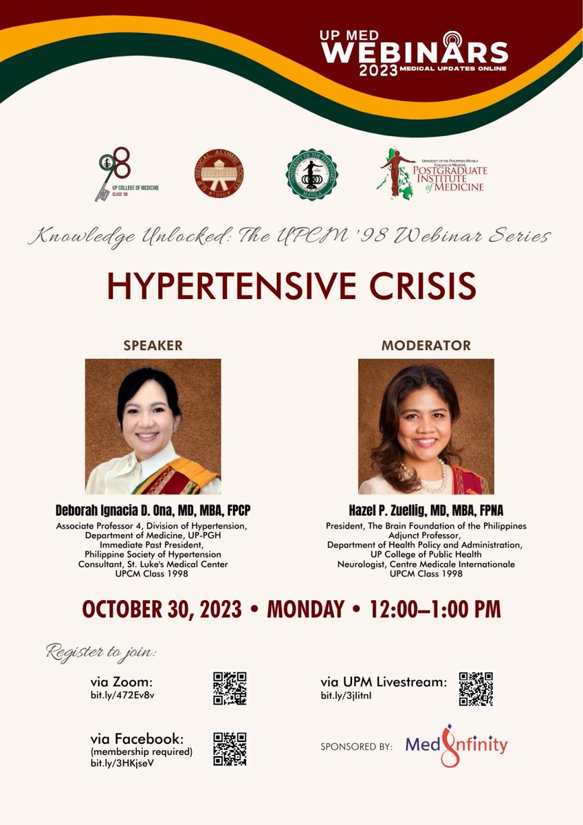 UPCM98's tweet photo. Join our webinar on HYPERTENSIVE CRISIS on Oct 30, Monday, 12nn.. brought to you by the 2023 Silver Jubilarians, UPCM ‘98!

• Zoom – https://t.co/da4y8oj89q
• Facebook – https://t.co/cWCFvxAOpI
• UPM Livestream – https://t.co/jm6qmPOnFl

@UPManilaOnline #UPCM98 #hypertension https://t.co/lrR4qbmxdK