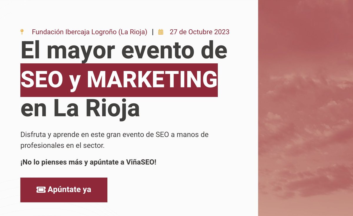 📅Evento de SEO hoy en Logroño:  <a href="/vinaseoevento/">Viña SEO</a>. 

Desde las 9:00 con grandes ponentes (y amigos/as) como <a href="/Errioxa/">Lino Uruñuela</a>, <a href="/Beatriz_Copy/">Beatriz Torres | Copywriter</a>, <a href="/soywebmaster/">David Ayala</a>, <a href="/Marc__Cruells/">Marc</a>, <a href="/seosve/">Noe Rivas</a>, <a href="/aleyda/">Aleyda Solis 🕊️</a>, <a href="/CancioTxema/">Txema Cancio</a>, <a href="/akemola/">Sergio Simarro</a>, <a href="/EduLabordaYYS/">Edu Laborda</a>. 

🙂🙂 ¡No te lo pierdas!