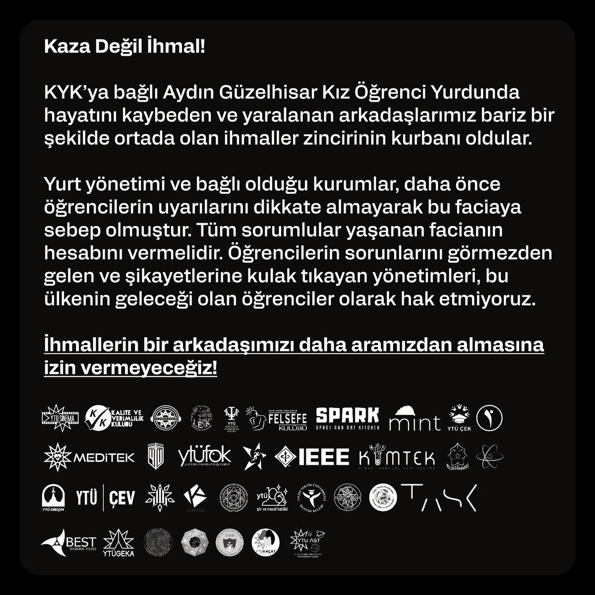 ytukvk's tweet photo. Kaza Değil İhmal!

Öğrencilerin sorunlarını görmezden gelen, şikayetlerine kulak tıkayan yönetimlere tanıklık etmek istemiyoruz. 

Zeren’i unutmayacak ve unutturmayacağız. İhmallerin bir arkadaşımızı daha aramızdan almasına izin vermeyeceğiz!

#ÖlmeyeDeğilOkumayaGeldik https://t.co/fxrnTvqEeP